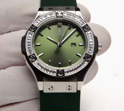 Hublot Lady 34mm 316L Steel Rubber Strap VK Quartz Movement Silver Case Green/Grey Dial Watch